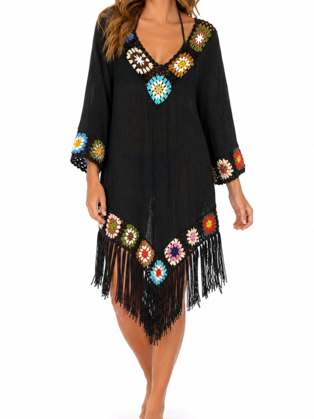UNBRANDED Granny Square Crochet Beach Cover-Up Black Small Fringe Boho Tunic